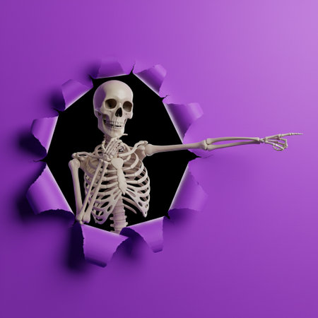 3d render of skeleton breaking through purple paper with torn hole insideの素材