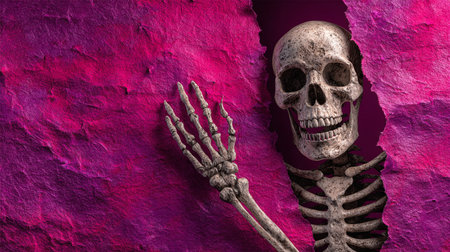 Human skeleton on pink background. Halloween concept. 3D Renderingの素材