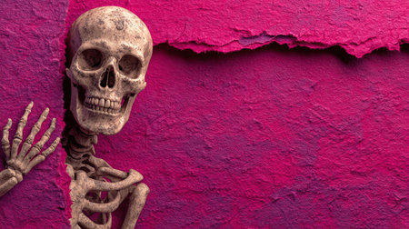 concept with human skeleton and torn paper on pink background.の素材