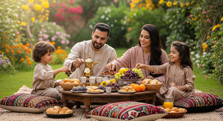 Happy family having breakfast in the garden. Mother, father and children having fun together.の素材