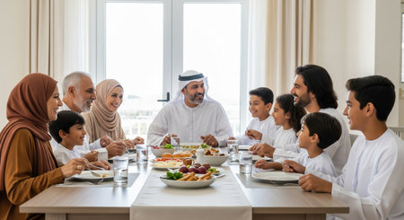 Muslim family having dinner together at home. Muslim family having dinner together.の素材