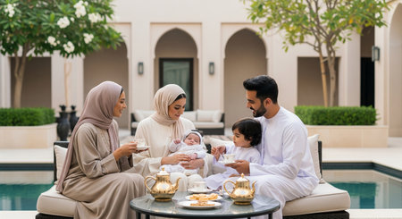 Happy muslim family having breakfast together at home. Multiethnic muslim family concept.の素材