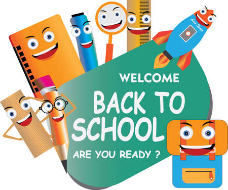 Back to school vector characters background template with funny education cartoon mascots like pencil and book. Vector illustrationのイラスト素材