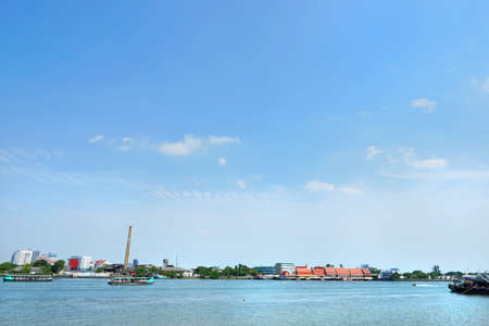SAMUT PRAKAN, THAILAND - APRIL 8, 2018 : Ferry is on the Chao Phraya River at Bangkajao. View for Bangkajao.のeditorial素材