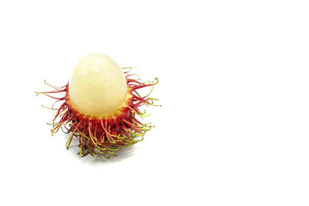 Top view of rambutan isolated on white background, Tropical fruit, copy space. (Nephelium lappaceum)の写真素材