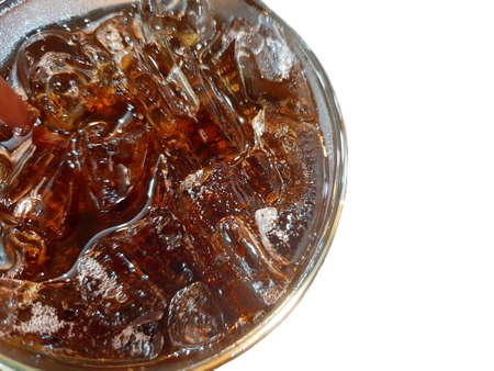 Top view of cola with ice in a glass  isolated on white background, Abstract background, Summer...