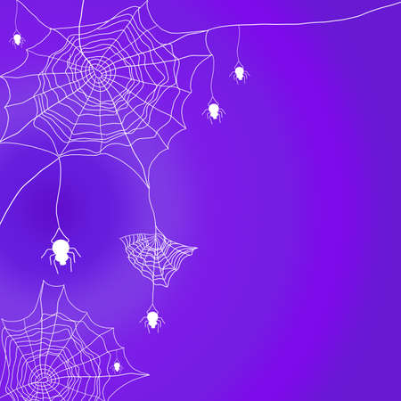 Halloween background with cobweb and  hanging spider on purple background, Hand drawn for Halloween concept, Space for text in templateの写真素材