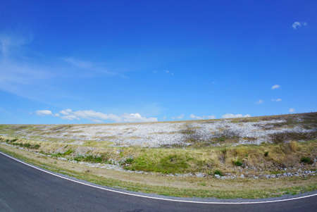 Fish eye lens, Beautiful curvy road near the dam with blue sky and cloud at Thailand, space for your...