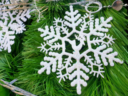 Decorated Christmas tree with snow flake, Holiday background, Happy New Year and Xmas