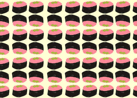 Hand drawn, Sushi tuna roll sprinkled with scallion sliced on yellow background for Asian restaurant menu, Collection food concept (Negi Toro)の写真素材