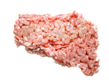 Top view of raw minced pork isolated on white background, fresh meat for cookingの写真素材