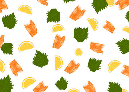 Hand drawn of Crab sticks, basil leaves and lemon seamless pattern isolated on white background,...