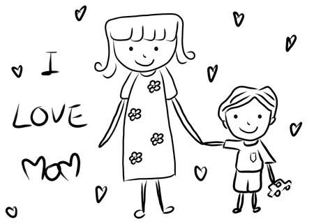 Hand drawn, Cartoon of mother and child isolated on white background, Mothers day conceptの写真素材