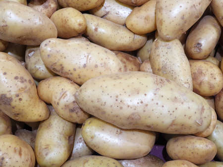 Top view of fresh potatoes as a background in the supermarket for sale, ready to cookingの写真素材