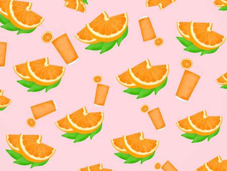 Hand drawn of fresh orange and orange juice isolated on pink background, Creative minimalistic food...