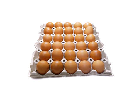 Selective focus of eggs in paper tray package isolated on white background, use for cooking