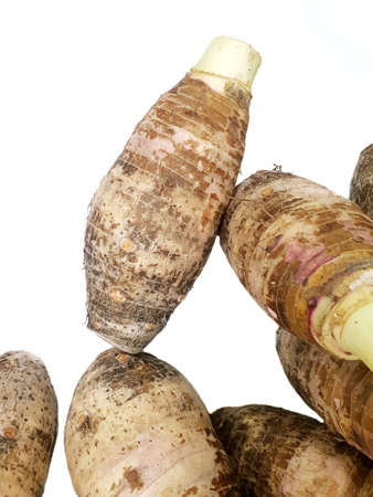 Top view of sweet taro root  isolated on white background, healthy food concept (Satoimo potatoes,...