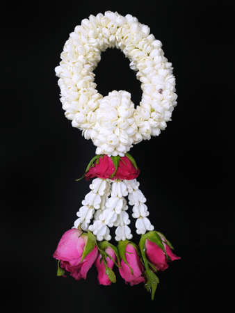 Jasmine garland of Mother day in Thailand isolated on black background, Thai traditional, Songkran...
