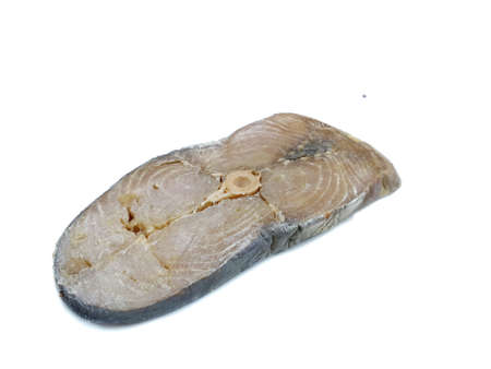 Top view of spotted mackerel fish in white plate, Ready for cooking, Space for text in templateの写真素材