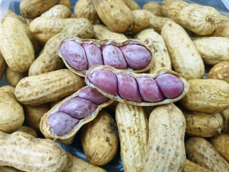 Top view of boiled peanuts as a background for sale in the market at Thailand, abstract background, ready to eatの写真素材