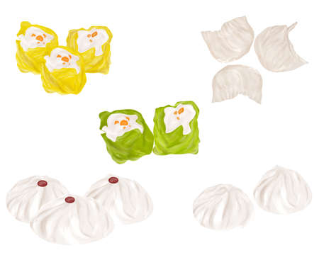 Chinese food style, Top view of pork, Shrimp and Prawns dumpling, Kui Chai or Chinese dumpling and Roasted pork bun on white background, Hand drawn of collection food concept, Great for menu, Dim Sumの写真素材