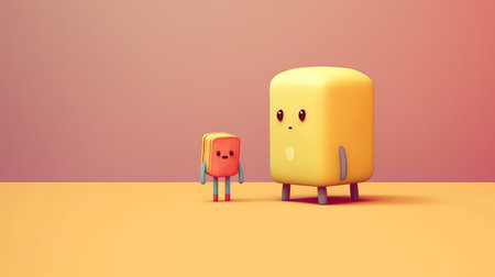 Couple of cute yellow and orange cube cartoon character, Generating AI illustrationの素材