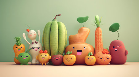 Funny vegetables and fruits in front of green background, Generating AI Illustrationの素材