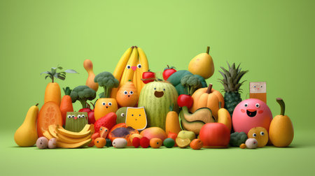 Tropical fruits and vegetables characters Generating AI Illustration on orange background with shadowの素材