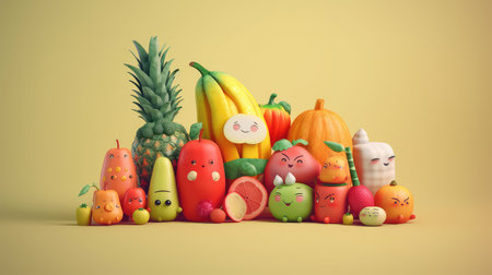 Fruits and vegetables in the form of a family. Generating AI Illustrationの素材