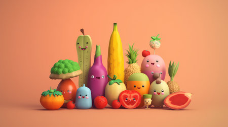 Tropical fruits and vegetables characters Generating AI Illustration on orange background with shadowの素材