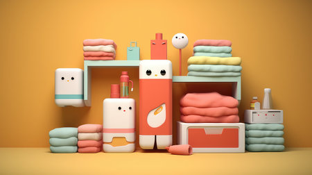 Generating AI illustration of a towels and bottles with shampoo and shower gel on orange backgroundの素材