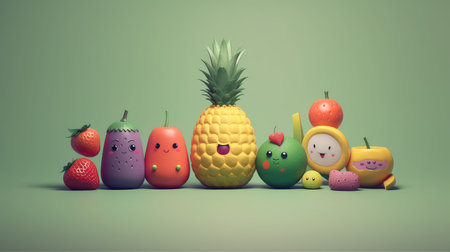 Funny fruit characters on a green background. Generating AI Illustrationの素材