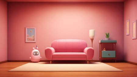 Pink living room with pink sofa, standing lamp. Generating AI illustrationの素材