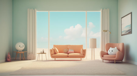 Comfortable living room with a green cushion armchair and window view. Generating AI illustrationの素材