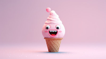 Ice cream in waffle cone with funny face. Generating AI Illustrationの素材