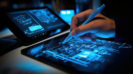 Close up image of human hand using tablet pc with futuristic interface on screen. AI generated 3d imageの素材