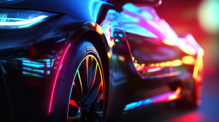 Modern car with blue and red neon light. AI generated 3d imageの素材