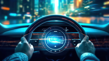 Close up of a man driving a car with his hands on the steering wheel. AI generated 3d imageの素材