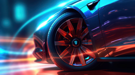 AI Generating picture of a futuristic car wheel with a neon lights.の素材