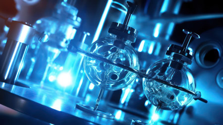 Laboratory glassware in blurred light background. AI generated 3d imageの素材