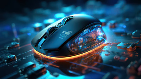 Cyber security concept. Transparent computer mouse on a blurred background. AI generated 3d imageの素材