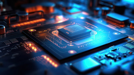 Close-up of electronic circuit board with processor. AI generated 3d imageの素材