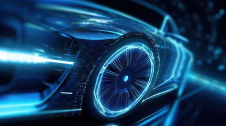 AI Generating picture of a futuristic electric car with blue neon lights in cyberspace.の素材