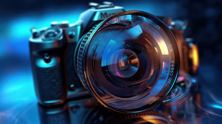 Digital SLR camera in abstract background. AI generated 3d imageの素材