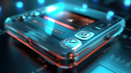 3d rendering of a mobile phone with blue lights on the background ai generatedの素材