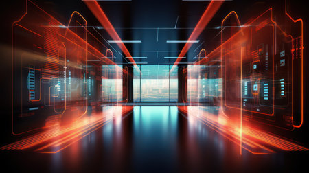 Futuristic corridor with glowing lights. 3d rendering toned image ai generatedの素材