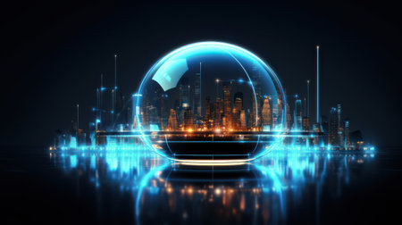 3d render. Futuristic glass sphere with hologram cityscape on dark background ai generatedの素材
