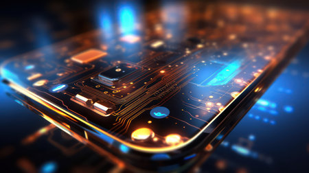 Smartphone with a circuit board transparent and a glowing abstract light. AI generated illustration pictureの素材