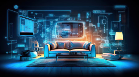 Interior of modern living room with sofa, lamp and media icons ai generatedの素材