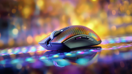 Computer mouse on a colorful glowing abstract light bokeh background. AI generated illustration picture.の素材